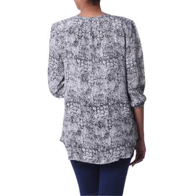 Silk blouse, 'Black Garden' - Handmade Silk Button-Up Blouse with Floral Motif from India