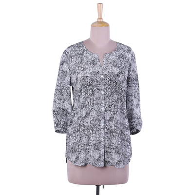 Silk blouse, 'Black Garden' - Handmade Silk Button-Up Blouse with Floral Motif from India