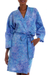 Short cotton robe, 'Pebbles in a River' - Short Cotton Batik Robe of Vibrant Blue and Rosy Hues thumbail