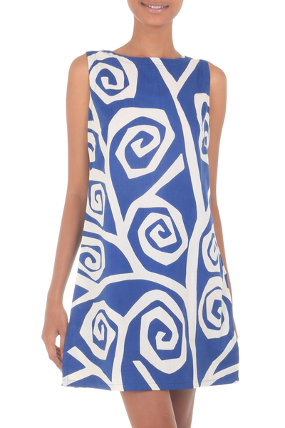 Cotton shift dress, 'Java Roses' - Cotton Shift Dress with Blue and White Geometric Flowers