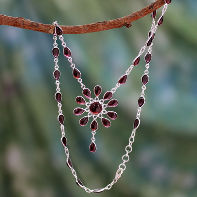 Garnet Y necklace, 'Crimson Allure' - Garnet Floral Y Necklace from India
