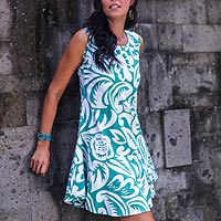 Cotton sundress, 'Balinese Paradise' - Sleeveless Cotton Sundress in Green and White