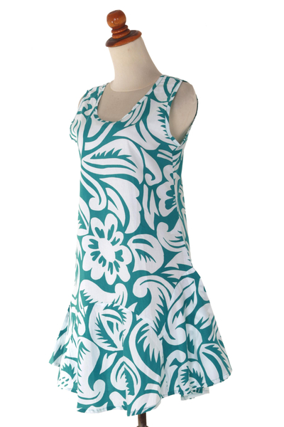 Cotton sundress, 'Balinese Paradise' - Sleeveless Cotton Sundress in Green and White