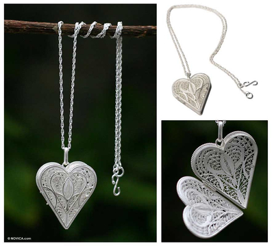 Silver locket necklace, 'Loving Heart' - Fair Trade Filigree Heart Locket Necklace