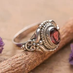 Garnet cocktail ring, 'Traditional Romantic' - Traditional Style Silver and Garnet India Cocktail Ring