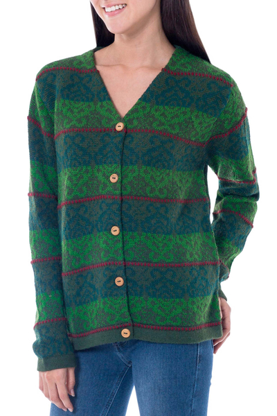 100% alpaca cardigan, 'Andean Evergreen' - Knitted Green Alpaca Cardigan Sweater from Peru