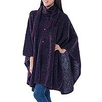 Alpaca blend ruana with scarf, 'Aubergine Arabesques' - Peruvian Alpaca Blend Purple Ruana Cloak with Scarf