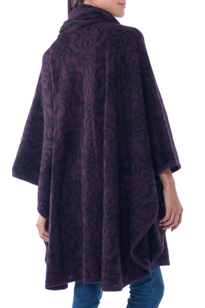 Alpaca blend ruana with scarf, 'Aubergine Arabesques' - Peruvian Alpaca Blend Purple Ruana Cloak with Scarf