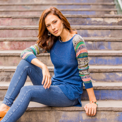Cotton blend sweater, 'Andean Star in Blue' - Indigo Blue Sweater with Star Pattern Multicolor Sleeves