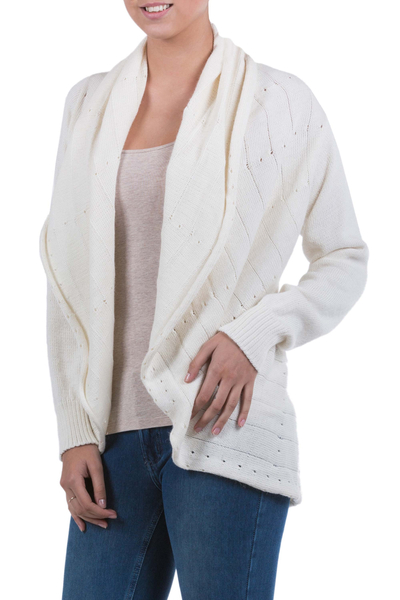 Ivory Alpaca Blend Open Front Knitted Cardigan Sweater
