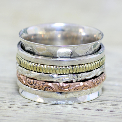 Sterling silver spinner ring, 'Five Delights' - Sterling Silver Copper and Brass Textured Spinner Ring