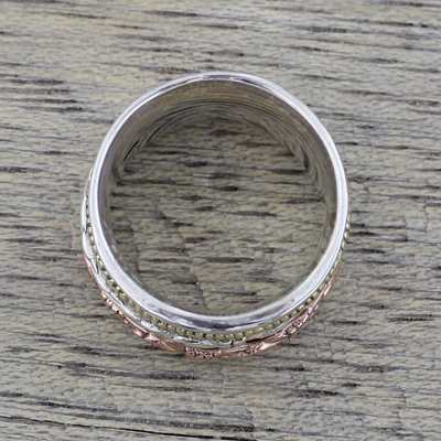 Sterling silver spinner ring, 'Five Delights' - Sterling Silver Copper and Brass Textured Spinner Ring