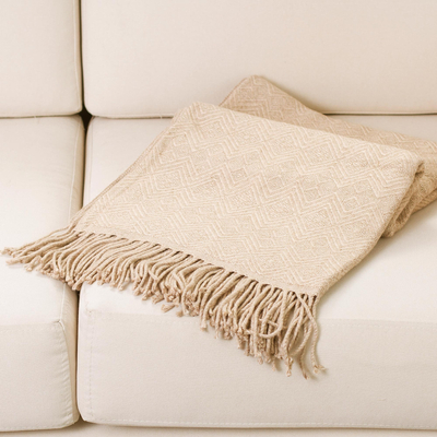 Throw blanket, 'Sandy Passion' - Alpaca Acrylic Blend Throw Blanket in Sand from Peru