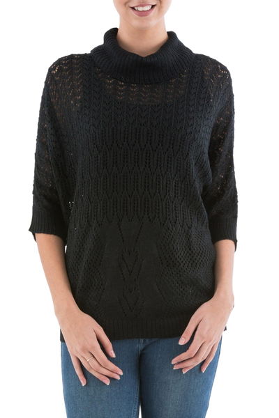 Pullover sweater, 'Evening Flight in Black' - Black Pullover Sweater with Three Quarter Length Sleeves