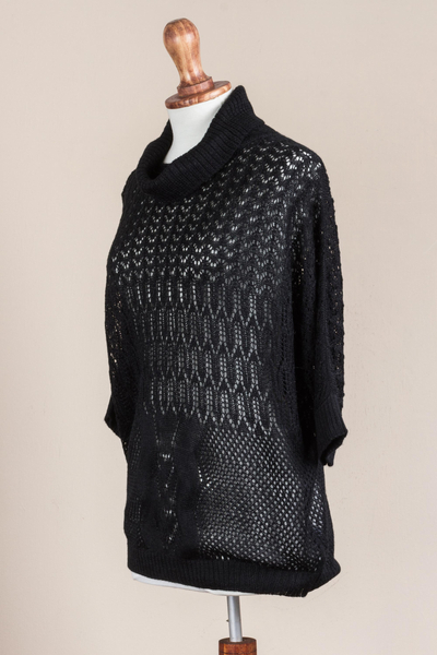 Pullover sweater, 'Evening Flight in Black' - Black Pullover Sweater with Three Quarter Length Sleeves