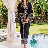 Batik robe, 'Midnight Rose' - Indonesian Floral Patterned Black and White Robe