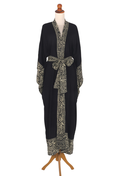 Batik robe, 'Midnight Rose' - Indonesian Floral Patterned Black and White Robe