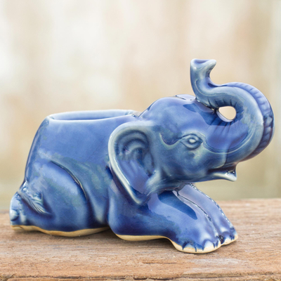 Celadon ceramic candleholder, 'Reclining Blue Elephant' - Celadon Ceramic Artisan Crafted Candleholder