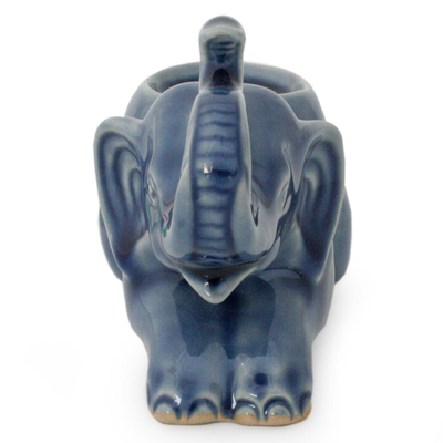 Portavelas de cerámica Celadon, 'Elefante azul reclinado' - Portavelas artesanal de cerámica Celadon