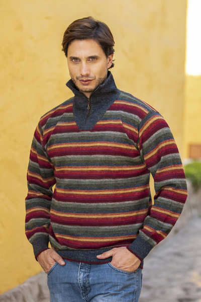 Men's 100% alpaca pullover sweater, 'Blue Heights' - Men's Striped Multicolor Alpaca Turtleneck Pullover Sweater