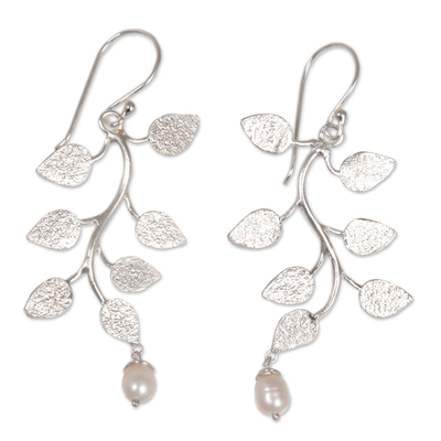 Cultured pearl dangle earrings, 'White Forest' - Indonesian Sterling Silver Cultured Pearl Dangle Earrings