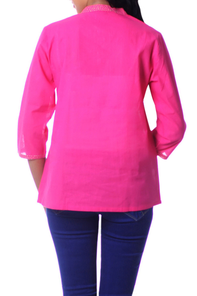Cotton blouse, 'Bengali Rose' - Fair Trade Cotton Embroidered Blouse Top