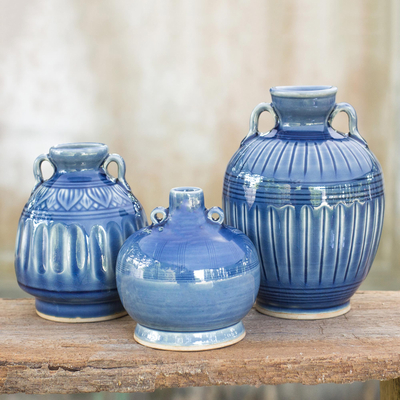 Celadon ceramic vases, 'Sawankhalok Sky' (set of 3) - Blue Celadon Ceramic Vases (Set of 3)