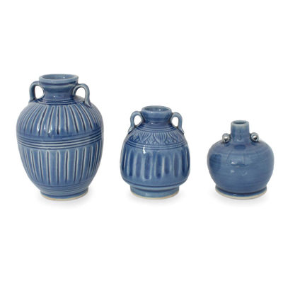 Celadon ceramic vases, 'Sawankhalok Sky' (set of 3) - Blue Celadon Ceramic Vases (Set of 3)