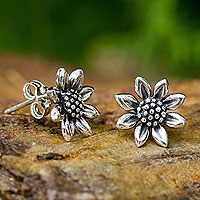Sterling silver stud earrings, 'Sunflower Love' - Small Sterling Silver Sunflower Post Earrings from Thailand