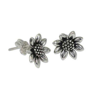 Sterling silver stud earrings, 'Sunflower Love' - Small Sterling Silver Sunflower Post Earrings from Thailand
