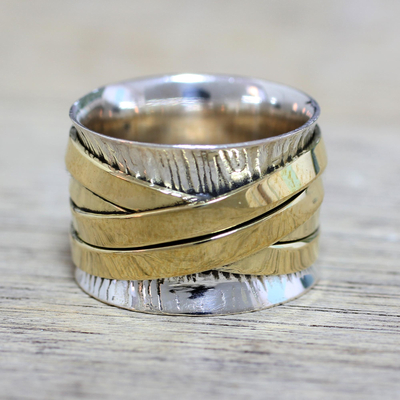 Sterling silver and brass band ring, Crisscrossing Grace