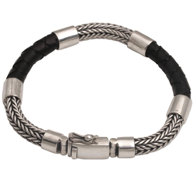 Stay Strong,'Handmade Silver and Leather Men's Bracelet from Bali