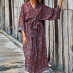 Women's Grey and Burgundy Hand Stamped Batik Belted  Robe, 'Morning Aster'