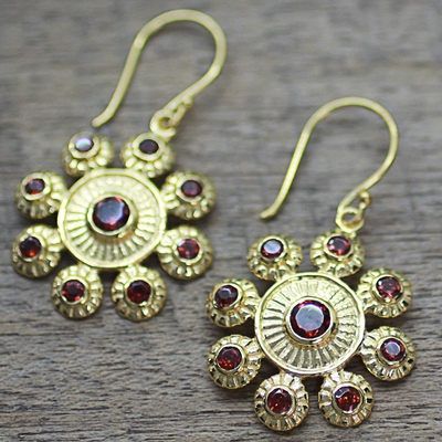 Gold plated garnet dangle earrings, 'Radiant Flowers' - Gold Plated Sterling Silver Garnet Gemstone Dangle Earrings
