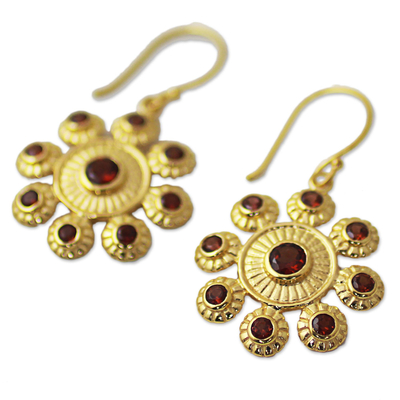 Gold plated garnet dangle earrings, 'Radiant Flowers' - Gold Plated Sterling Silver Garnet Gemstone Dangle Earrings