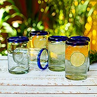 Juice glasses, 'Cobalt' (set of 6) - Six Fair Trade Handblown Recycled Juice Glasses Drinkware