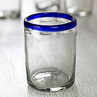 Vasos de vidrio soplado, 'Anillos de cobalto' (juego de 6) - Vasos de vidrio soplado a mano con borde azul, juego de 6