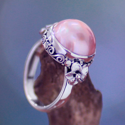 ring flor perla - Anillo de cóctel floral de plata esterlina y perla