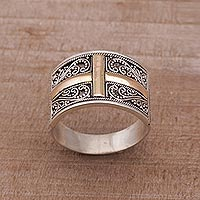 Gold accented sterling silver band ring, 'Holy Light' - Gold Accented Sterling Silver Cross Band Ring