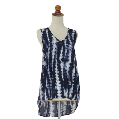 Sleeveless top, 'Ocean Wave' - Blue and White Sleeveless Rayon Top