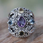 Balinese Amethyst and Blue Topaz Silver Cocktail Ring, 'Butterfly Queen'