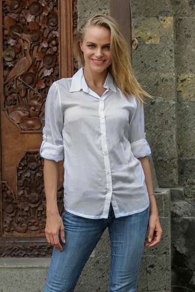 Rayon blouse, 'White Balinese Pearl' - Women's Sheer White 6-Button Rayon Shirt Blouse