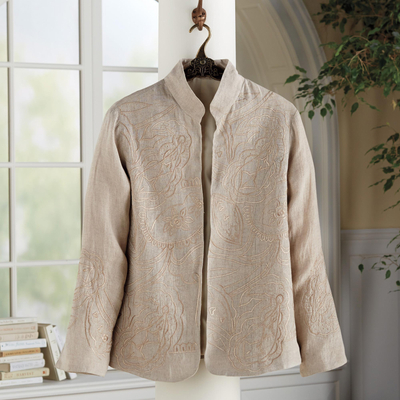 Embroidered linen jacket, 'Boteh Beauty' - Boteh Embroidered Linen Jacket