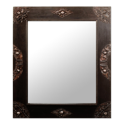 Mirror, 'In Perfect Shape' - Handcrafted Sese Wood and Brass Wall Mirror