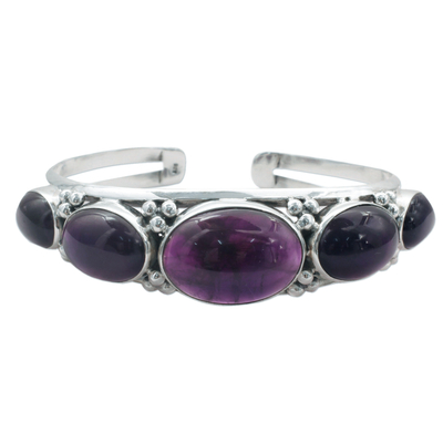 Amethyst cuff bracelet, 'Mystic Violet' - Amethyst on Sterling Silver Cuff Bracelet Indian Jewelry
