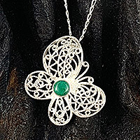 Chrysocolla pendant necklace 'Lace Butterfly' - Sterling Silver Chrysocolla Butterfly Pendant Necklace