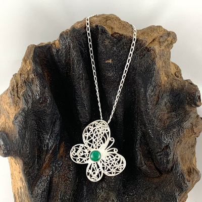 Chrysocolla pendant necklace 'Lace Butterfly' - Sterling Silver Chrysocolla Butterfly Pendant Necklace