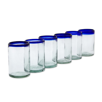 Vasos de vidrio soplado, (juego de 6) - Juego de 6 vasos de vidrio soplado a mano azul de comercio justo