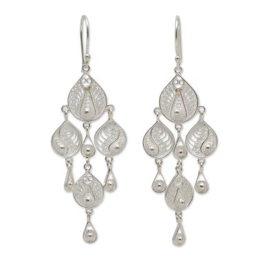 Sterling silver filigree chandelier earrings, 'Sunrise Dew' - Artisan Crafted Silver Filigree Chandelier Hook Earrings