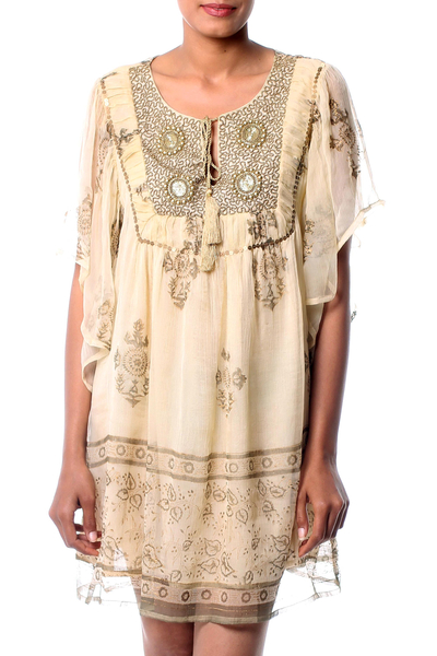 Embellished tunic, 'Jaipur Glitz' - Embellished Lined Chiffon Tunic Top with Block Prints